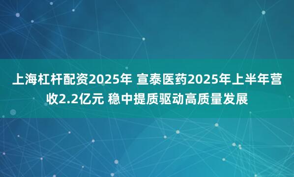 上海杠杆配资2025年 宣泰医药2025年上半年营收2.2亿元 稳中提质驱动高质量发展